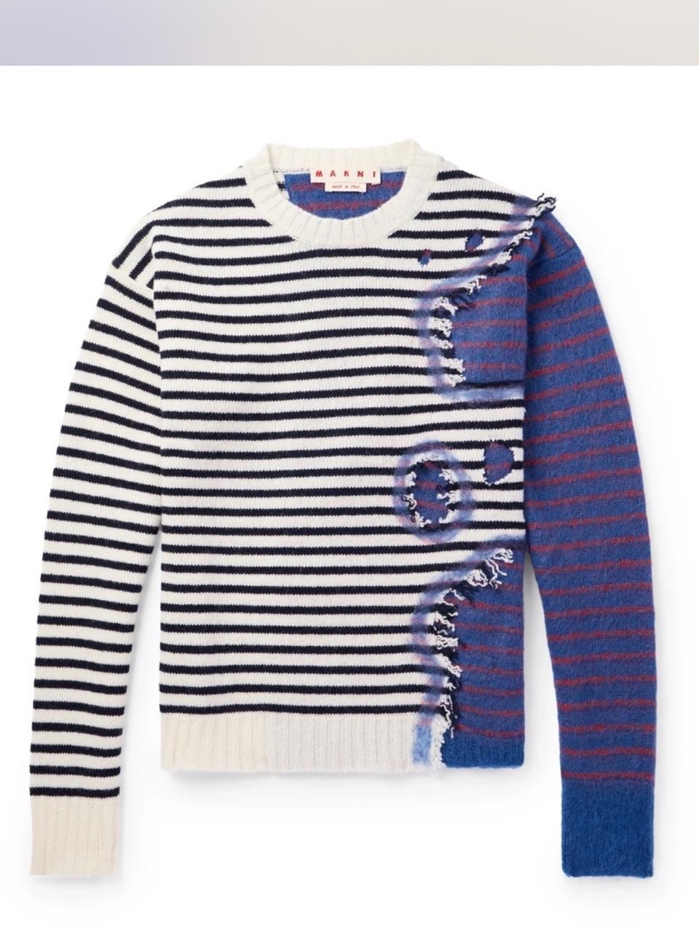 Marni Ivory, Black & Blue Striped Mixed-Media Crewneck Sweater